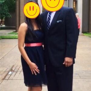 David's Bridal Navy Dress with Pink Accent